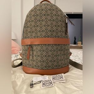 LOEWE Anagram-Jacquard Leather-Trim Canvas Backpack- Khaki